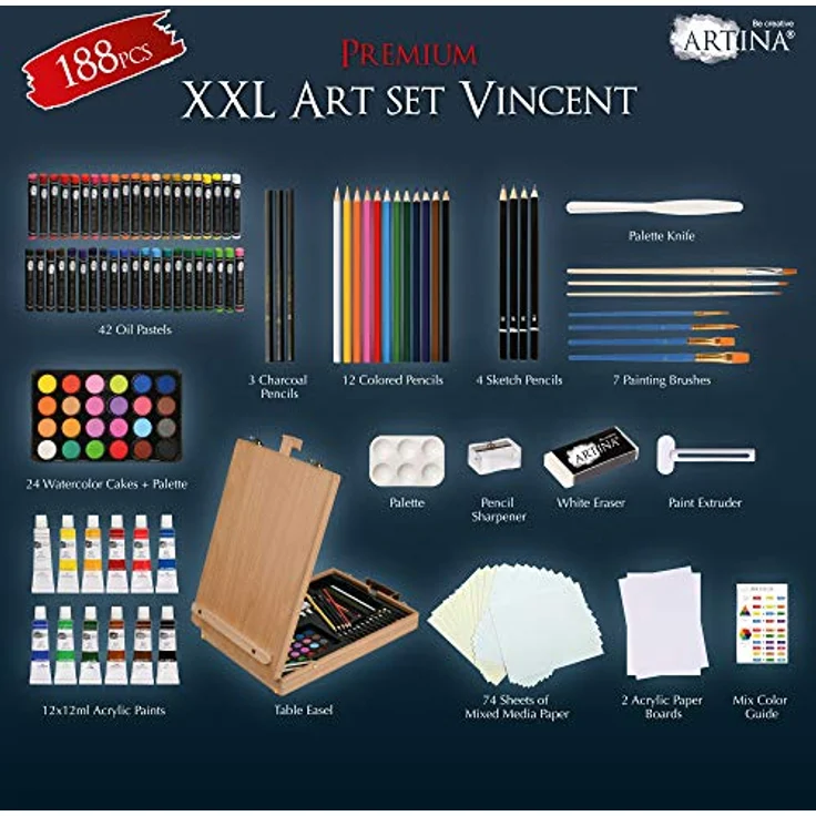 Artina XXL 188tlg Malset mit Malkoffer & Tischstaffelei – Voll ausgestattetes Künstler Set für Acryl, Aquarell und Ölkreide, ideal für Einsteiger und kreative Köpfe – Bild 5