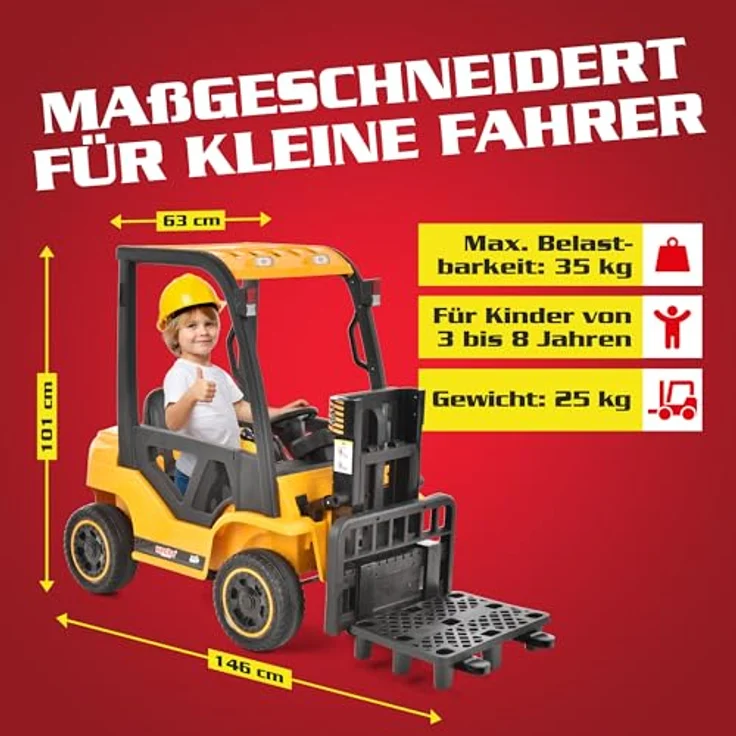 HECHT Kinder Elektro Gabelstapler 12 V, ferngesteuertes Elektroauto mit 2 × 40 W Motoren, Fernbedienung, inkl. Palette, 35 kg Traglast, bis 6 km/h, für Kinder ab 3 Jahren, Gelb – Bild 3
