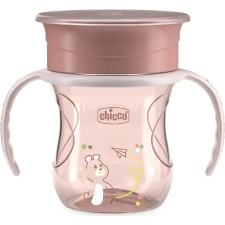 Chicco Perfect First Baby Trinklernbecher 200 ml, 360° Silikonventil, ergonomische Trinkhilfe mit abnehmbaren Griffen, BPA-frei, Rosa
