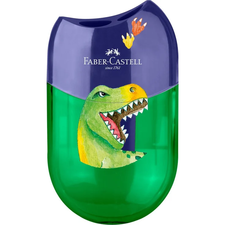 Faber-Castell Anspitzer Faber-Castell Doppelspitzdose oval Dino, Kunststoffbehälter zweifarbig, für Stiftdurchmesser 8 und 10 mm, transparente Spitzenform