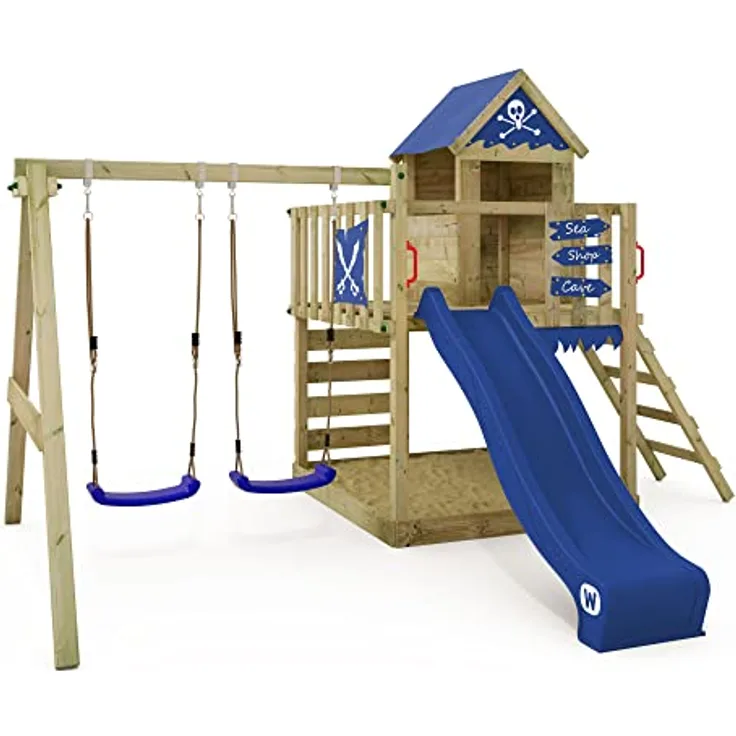 WICKEY Spielturm Klettergerüst Smart Cave, Outdoor Kinder Kletterturm mit Schaukel, Rutsche, Sandkasten und Spiel-Zubehör, 120 cm Podesthöhe, blau