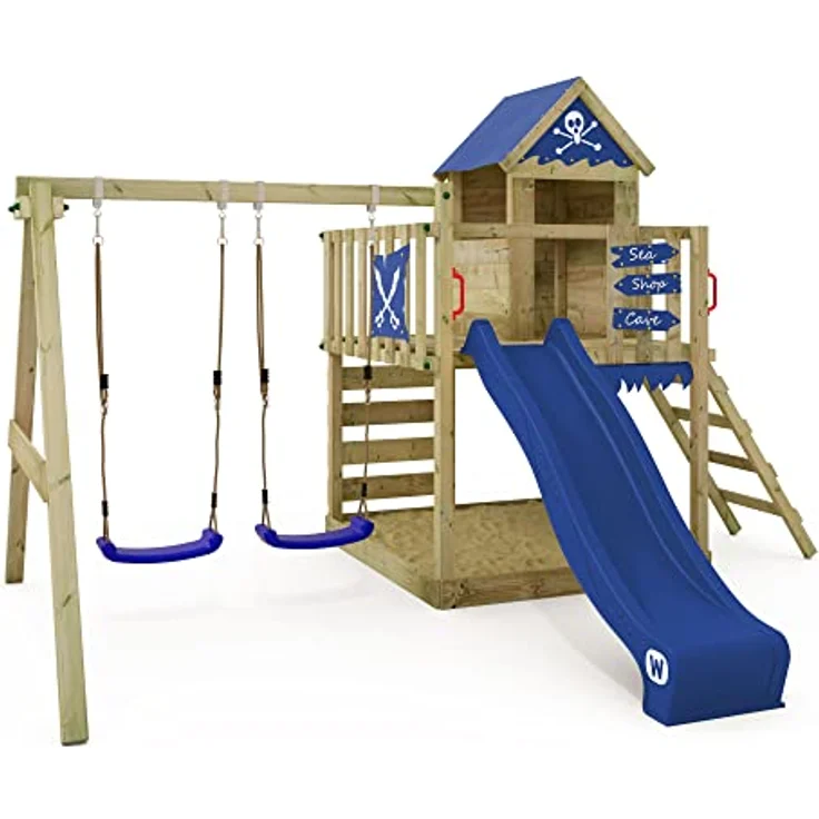 WICKEY Spielturm Klettergerüst Smart Cave, Outdoor Kinder Kletterturm mit Schaukel, Rutsche, Sandkasten und Spiel-Zubehör, 120 cm Podesthöhe, blau – Bild 1