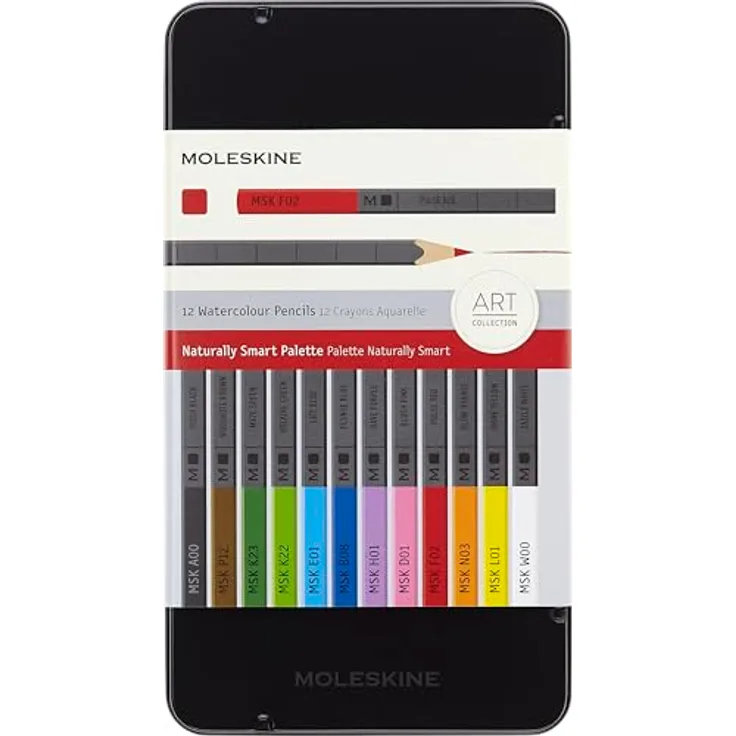 Moleskine Smart Aquarellstifte, 12 Stück mit Rechteckigem Querschnitt, aus natürlichem Zedernholz, inklusive Pechschwarz, Holzbraun, Irrgartengrün, Atemgrün, Himmelblau, Meerblau, Rave-Violett, Rouge, Blutrot, Glühendes Orange, Strahlend Gelb, Taschenformat