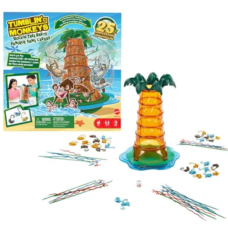 Mattel Games SOS Affenalarm Schaukelpalmenparty - Jubiläums-Sonderedition, mit 3 neuen Dschungeltieren und besonderem Schwierigkeitsgrad durch wackelnde Palme, HTW65 - Brettspiel mit Goldmeerkatzen, Lemuren und Faultieren