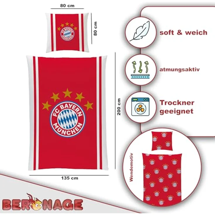 FC Bayern München Bettwäsche Mia San Mia 135 x 200 cm + 80 x 80 cm 100% Baumwolle Renforcé-Linon-Qualität Rekord-Meister Berni Alianz Arena Fußball FCB deutsche Größe mit Reißverschluss, rot weiß – Bild 2