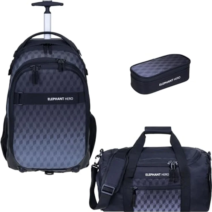 Elephant 3 Teile Set Trolley Hero Signature Schulranzen Schwarz - 35 Liter, Alu Ausziehgriff, Inliner Räder – Bild 1