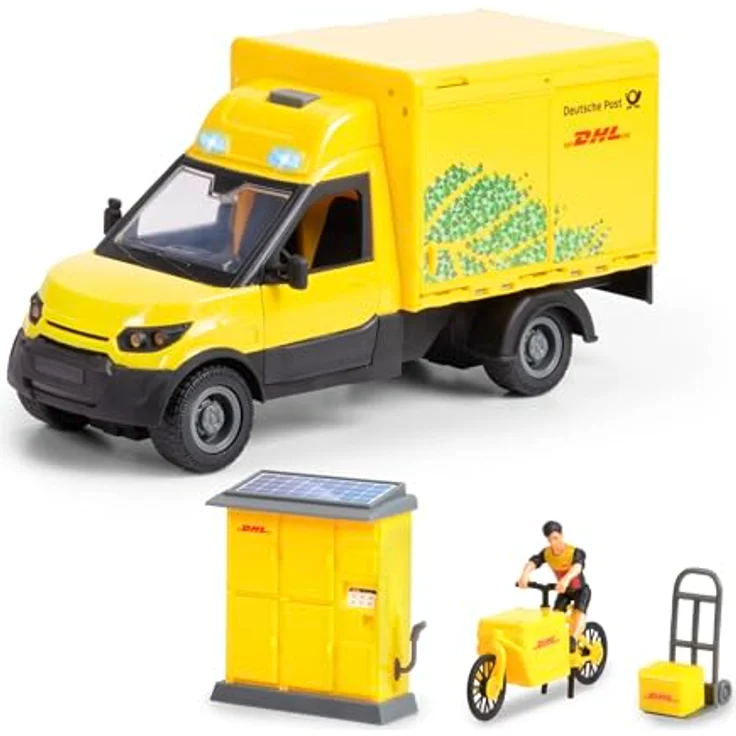 Dickie Toys DHL Delivery Set, Spielzeugauto mit Licht und Sound, inkl. Postbote, Fahrrad und Packstation, 25 cm – Bild 1