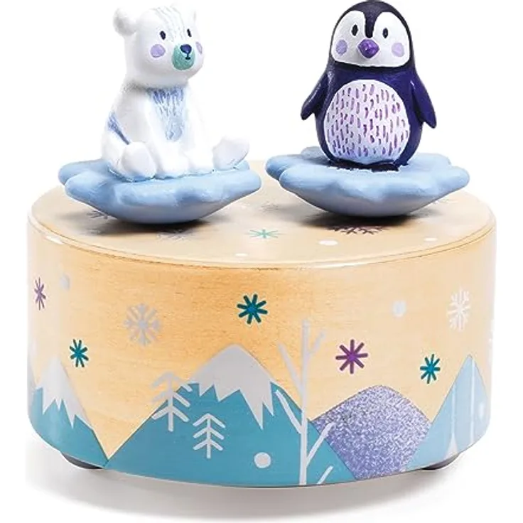 DJECO Spieluhr Musikuhr Eisbär & Pinguin, Holzspieluhr mit 2 Figuren, 10 cm, ab 12 Monaten