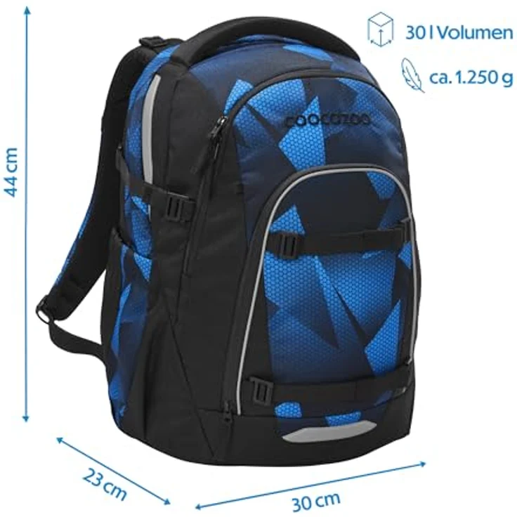 Coocazoo Mate Schulrucksack „Electric Ice”, ergonomischer Tornister, höhenverstellbar, schwarz-blau, 30 Liter, mit Brust- und Hüftgurt, ab der 3. Klasse – Bild 2