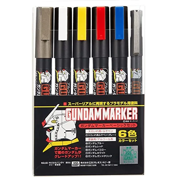 Mr. Hobby GMS105 Gundam Marker Basic Set, 5 Farben für Gunpla-Bemalung & GM21 Brush Type Grau, 6er Set mit Meißel- und Pinselspitze