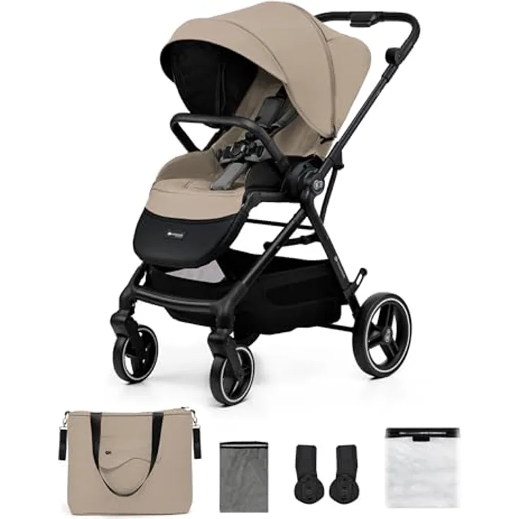 Kinderkraft YOXI Kinderwagen, Buggy von Geburt bis 22 kg, einfach zusammenklappbar, undurchdringliche Räder, wasserdicht, UPF50+, Korb bis 5 kg, beige