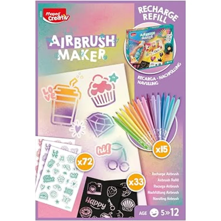 Maped Creativ Airbrush Maker Nachfüll-Set, Pastell Edition mit 15 Filzstiften, 5 Schablonen, 72 Stickern & Papier, Nachfüllset für Airbrush Maker 907080, Kreativset für Kinder ab 5 Jahren