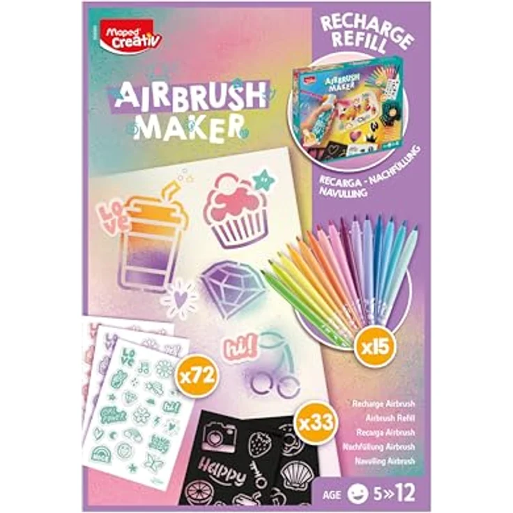 Maped Creativ Airbrush Maker Nachfüll-Set, Pastell Edition mit 15 Filzstiften, 5 Schablonen, 72 Stickern & Papier, Nachfüllset für Airbrush Maker 907080, Kreativset für Kinder ab 5 Jahren – Bild 1