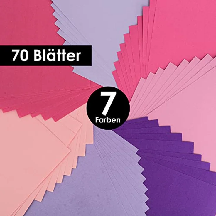 OfficeTree 70 x Tonpapier Rosa A4 - Bastelpapier 130g/m² - 7 Rosa Töne - Fotokarton A4 zum Basteln und Gestalten - Rosa Papier A4 - Bastelpapier Lila - Tonpapier Pink - Origami Papier A4 – Bild 3