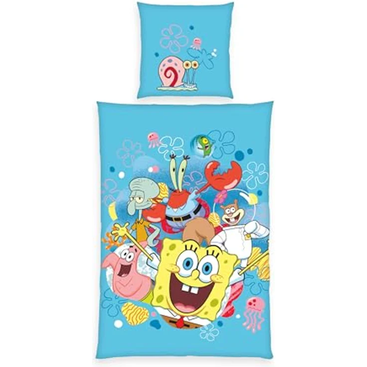 Herding Bettwäsche Set SpongeBob Schwammkopf, 100% Baumwolle/Renforcé, Kopfkissenbezug 80 x 80 cm, Bettbezug 135 x 200 cm, Reißverschluss, Wendemotiv, Multicolor – Bild 1