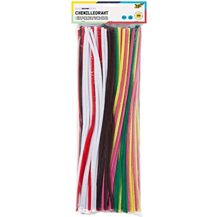 folia 778209 - Chenilledraht, Pfeifenputzer, 200 Stück sortiert in 10 Farben, Durchmesser 8 mm und 50 cm lang, ideal für Kinder zum Basteln und Gestalten von Tieren, Figuren und anderen Formen