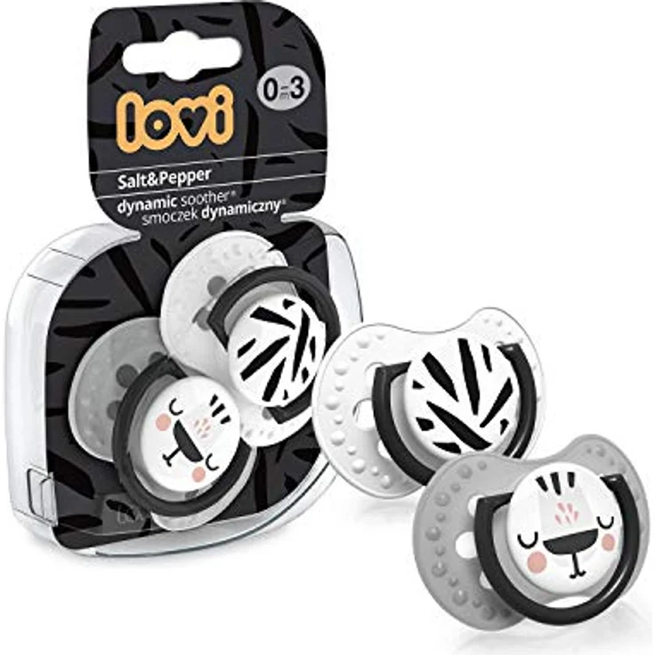 LOVI Schnuller 0-3 Monate, Silikon, BPA-frei, Hygieneschutzhülle, Salt & Pepper Kollektion, 2 Stück, Grau – Bild 2
