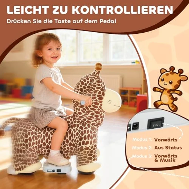 AIYAPLAY Kinder Elektroauto Giraffe, 6V Batteriebetriebenes Fahrzeug mit Musik, waschbarem Plüschbezug, leisen Rädern, 1,8-3 km/h für Kinder von 1,5-5 Jahren, Braun – Bild 5