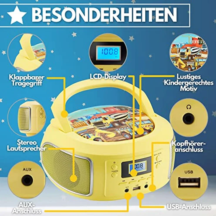 Cyberlux Tragbare Boombox CD-Player mit FM Radio, AUX-In, USB, und Kopfhöreranschluss, glamour gelb – Bild 2