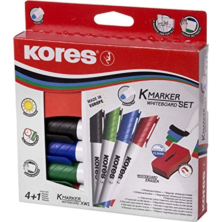 KORES Whiteboard Marker Set M20863, 5er Set mit 3mm Rundspitze in schwarz, blau, rot, grün + magnetischer Schwamm, schnell trocknend, rückstandslos entfernbar – Bild 1