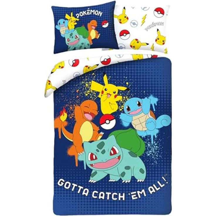 Halantex Kinder Wendebettwäsche Öko-Tex, Bettbezug 140x200 cm und Kissenbezug 70x90 cm mit Pikachu, Glumanda, Schwertkäfer und Bulbizarre, atmungsaktives Polyester, beidseitig verwendbares Design – Bild 1