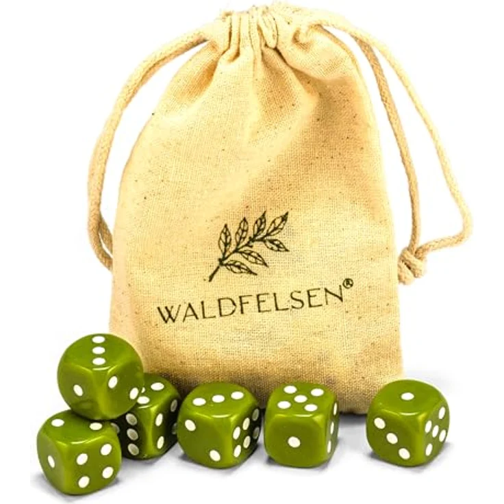Waldfelsen® 6er Set Acrylwürfel, 16 mm 6-seitige Spielwürfel in Oliv mit Baumwollbeutel – Bild 1