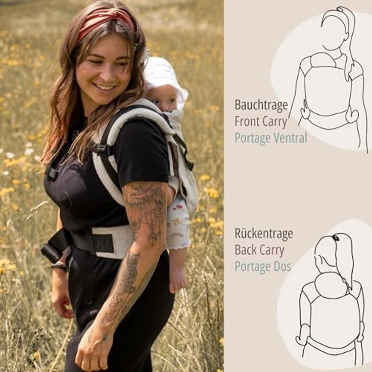 Hoppediz Babytrage Buckle, Vollschnallentrage ab Geburt (3,5 - 20 kg) mit ergonomischen Trägern und verstellbarem Rückenteil – Bild 4