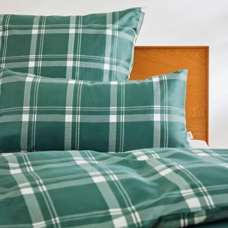 s.Oliver Mako Satin Bettwäsche Set 135x200 cm, 100% Baumwolle, grün Karo, mit Reißverschluss, weich & anschmiegsam – Bild 3