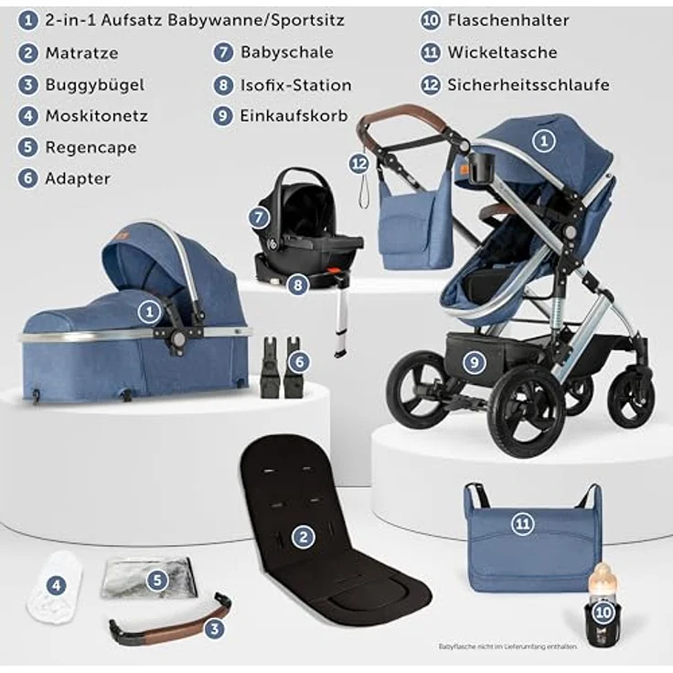 Bergsteiger Nizza 3 in 1 Kinderwagen, Kombikinderwagen Komplettset, Auto-Babyschale & Isofix Station, Babywanne & Buggy Sportsitz, Aluminiumgestell, höhenverstellbarer Griff, blau – Bild 3