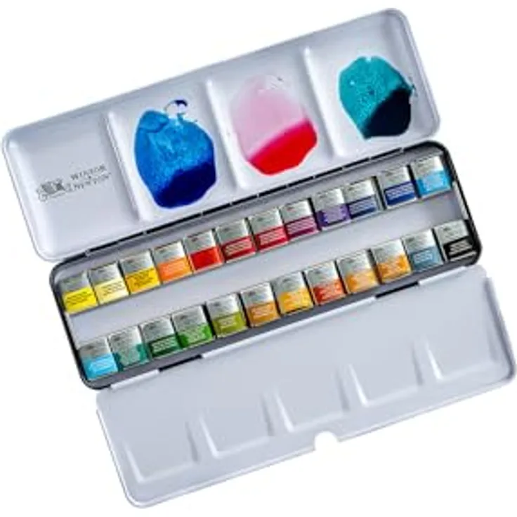 Winsor & Newton Professional Watercolour Lightweight Metal Sketchers Box Set, 24 Halbe Pfannen mit integrierter Palette und Daumenring für optimale Handhabung