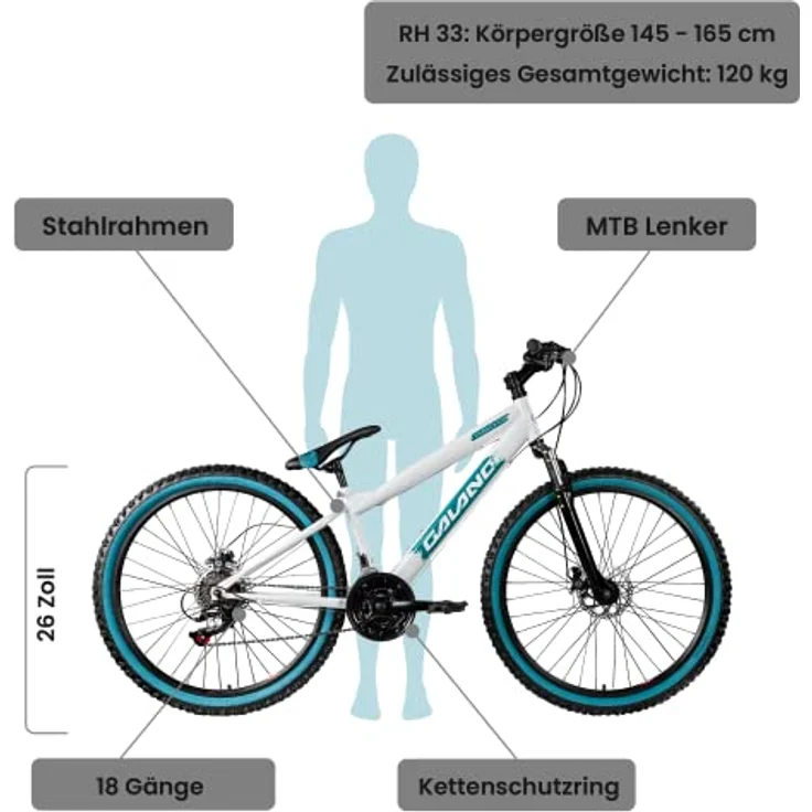Galano Dirtbike 26 Zoll MTB G600 Mountainbike Fahrrad 18 Gang Dirt Bike Rad (weiß/türkis, 33 cm) – Bild 2