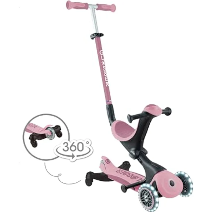 Globber GO•UP Deluxe Lights ECO 360, skalierbarer 3-Rad Tretroller mit 360° drehbarem Sitz, LEDs und höhenverstellbarer Schiebestange, für Kinder von 15 Monaten bis 6 Jahren, Rosa Berry – Bild 2