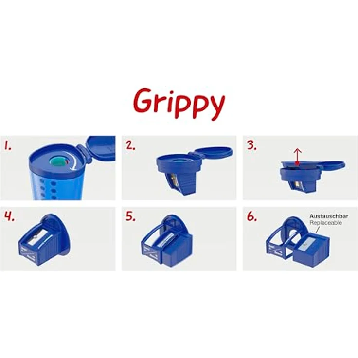 Eberhard Faber Radiergummi Spitzerdose Grippy, kindersicherer Anspitzer mit Click-Mechanismus, blau – Bild 7