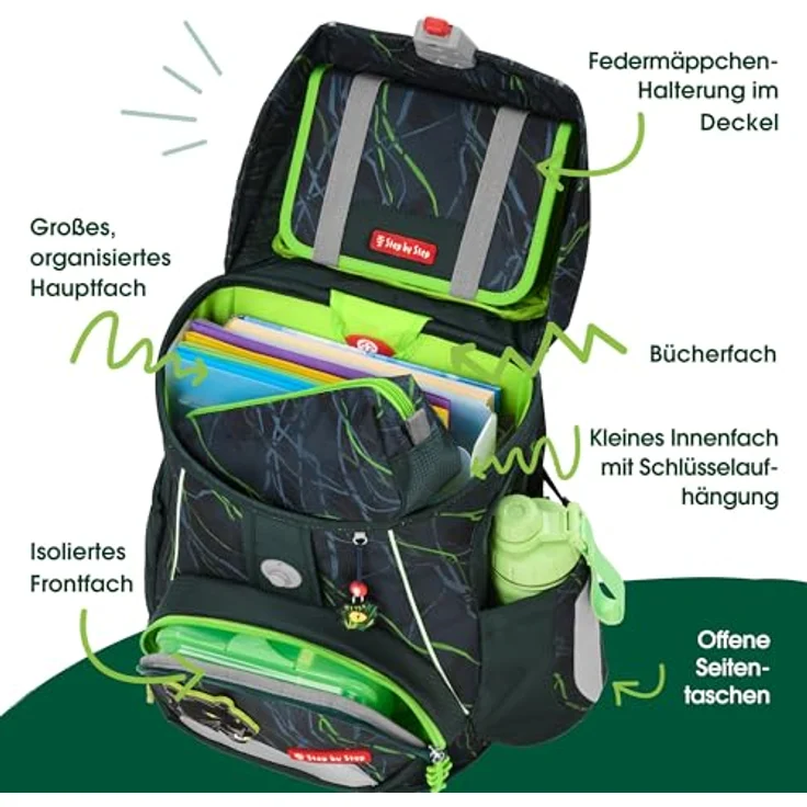 Step by Step Schulranzen-Set FIT „Danger Cat Chiko“, 5-teilig, grau-grün, ergonomischer Tornister mit Reflektoren, höhenverstellbar, Hüftgurt, für Jungen ab der 1. Klasse, 19L – Bild 5