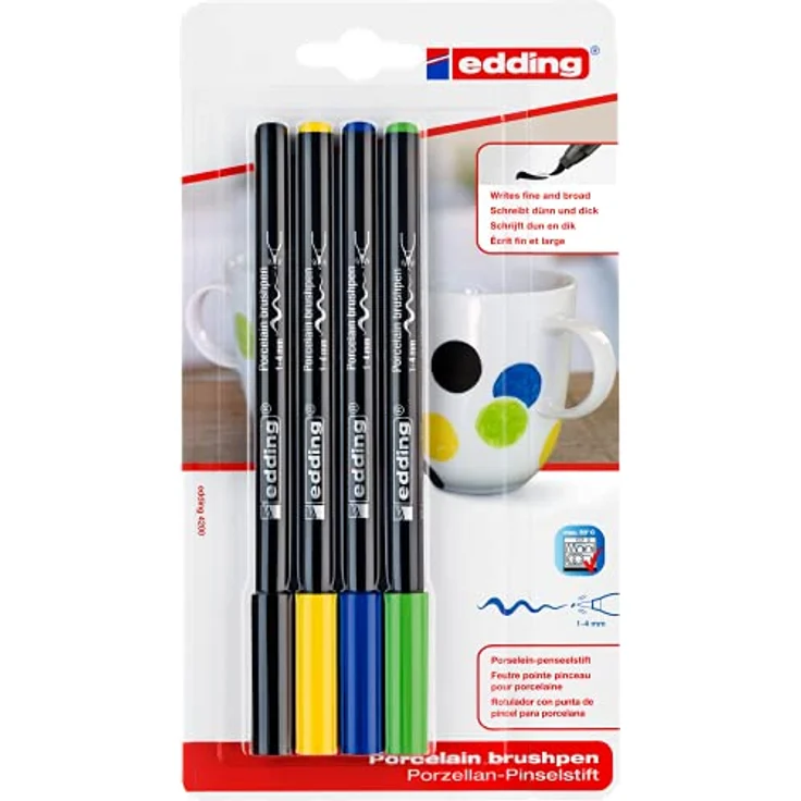 edding 4200 Porzellanpinselstift - schwarz, gelb, blau, grün - 4 Stifte - Pinselspitze 1-4 mm - Filzstift für Keramik, Porzellan - spülmaschinenfest, lichtechte Tinte, schnell trocknend – Bild 2