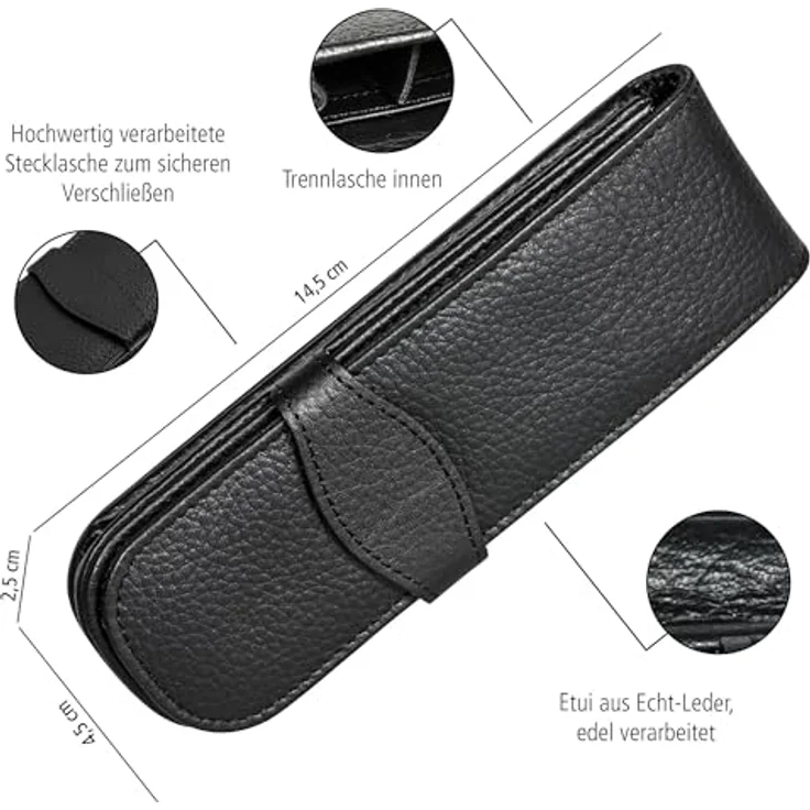 Online Lederetui Classic für 2 Schreibgeräte in Schwarz - Echtleder mit Stecklasche & 2 Fächern - Kugelschreiber-Etui, Füller-Etui, Schreib-Etui 14,5x 4,5x 2,5 cm – Bild 3