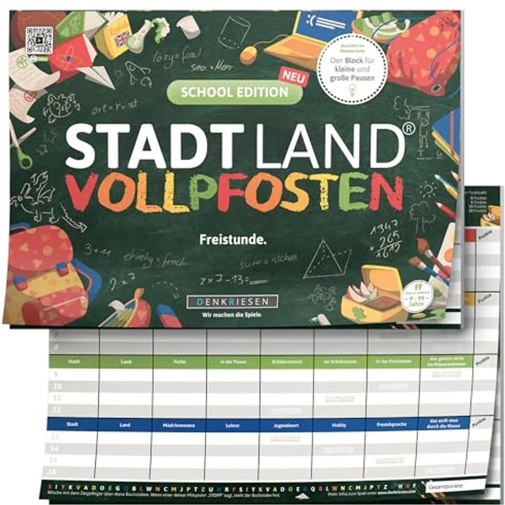 DENKRIESEN Stadt Land Vollpfosten® A4 – School Edition | Ab 9 Jahren | Spezialfelder, ABC-Leiste, hochwertiges Markenspiel – Bild 1