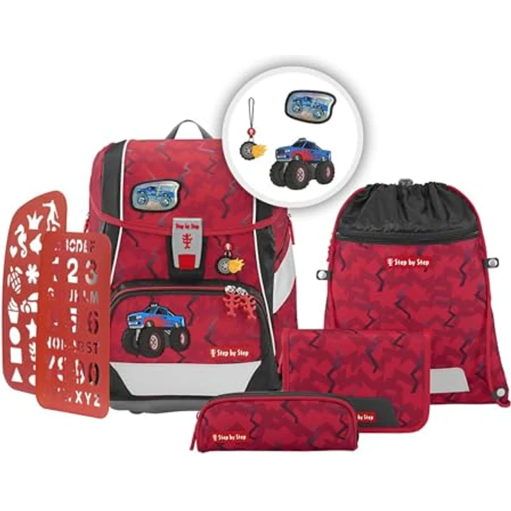 Step by Step Schulranzen-Set 2IN1 Plus „Monster Truck Rocky“ 6-teilig, ergonomischer Tornister, höhenverstellbar mit Hüftgurt, für die Grundschule, ab der 1. Klasse, 19L, rot – Bild 1