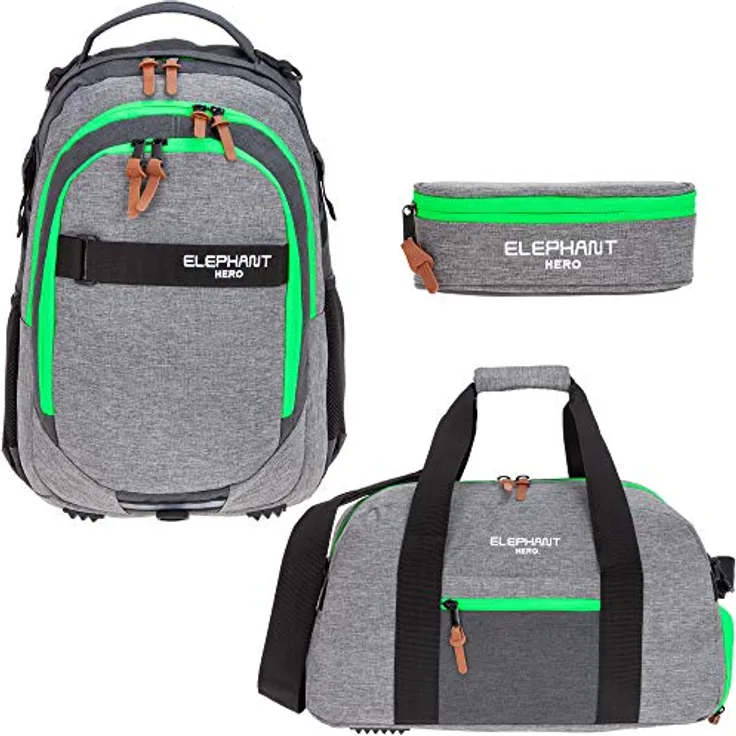 Elephant 3 Teile Set Schulrucksack Hero Signature Rucksack + Sporttasche + Mäppchen 12723 (Two Tone Green (grau/grün))