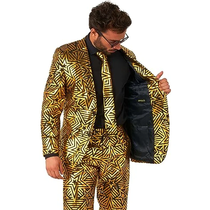 OppoSuits Goldener Stern, Anzug mit Sacko, Hose und Krawatte, schwarz mit goldenen Sternen, Größe 52 – Bild 6