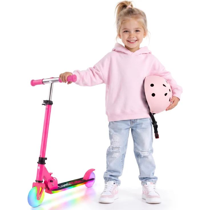 Sun Baby Kinder-Tretroller Lumiride, klappbar mit LED-Beleuchtung in fuchsia, 7 Farben/20 Modi, Lenkerhöhe 73-85 cm, geeignet für Kinder ab 3 Jahren