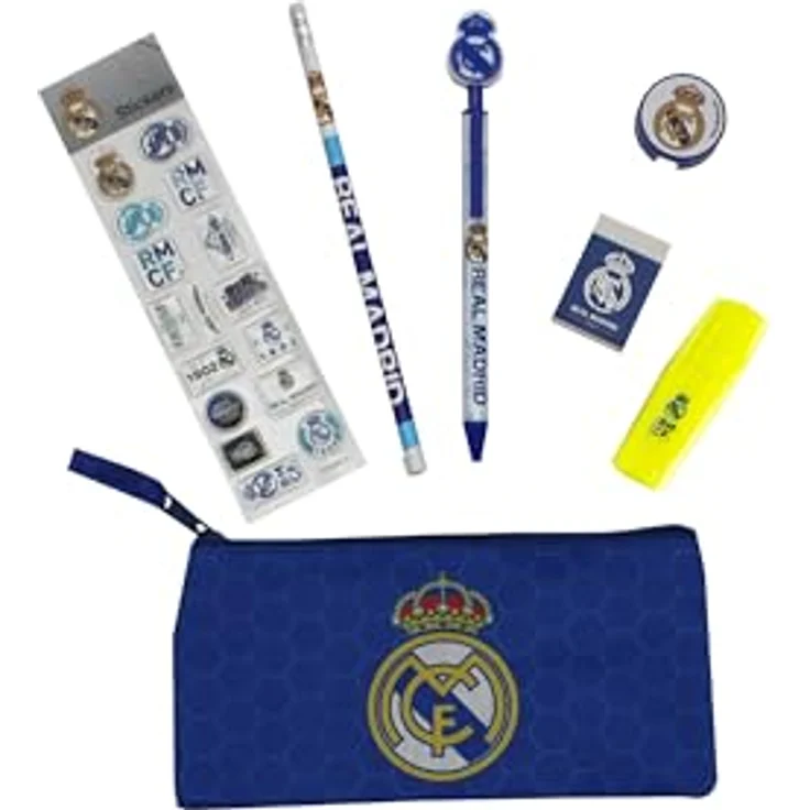 Real Madrid Federmäppchen Schulset, praktische Grundausstattung mit Bleistift, Textmarker und Aufkleberbogen – Bild 2