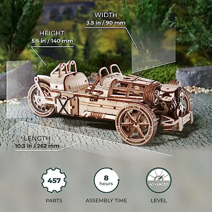 UGEARS Dreiradfahrzeug UGR-S - 3D Holzpuzzle Motorrad - Auto 3D Puzzle Modellbausatz für Erwachsene - 3D Motorrad Holzpuzzle - Magicholz Motorrad Modell mit funktionsfähiger Lenkung und Federmotor – Bild 3