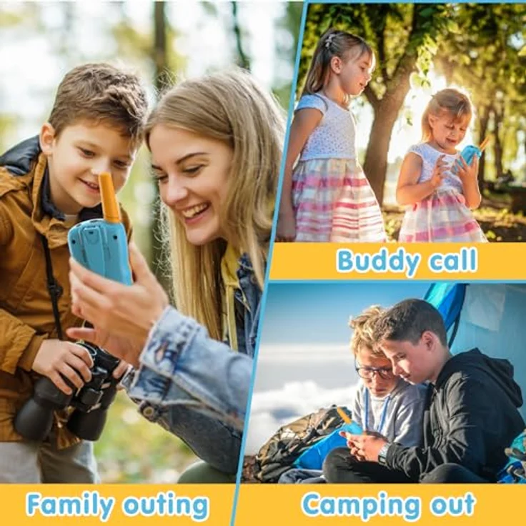 Kearui Walkie Talkie für Kinder, 8-Kanal Funkgerät mit LCD, LED-Taschenlampe, 3 Meilen Reichweite, blau-orange, für Abenteuer im Freien, Camping, Wandern – Bild 4