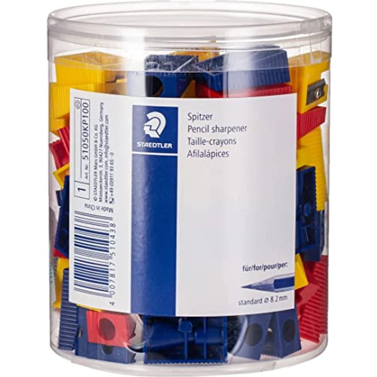 Staedtler Kunststoffspitzer 510 50, Anspitzer für Stifte bis 8,2 mm Ø, 100 Stück, farbig sortiert (gelb, rot, blau) – Bild 4