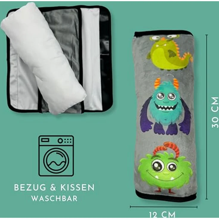 HECKBO Auto Schlafkissen Monster Motiv für Kinder Mädchen Jungen - maschinenwaschbar – kuschelweich - Auto Gurtkissen, Gurtschoner, Gurtschutz Sitzerhöhung, Auto Kissen, Reisekissen, Urlaub – Bild 3