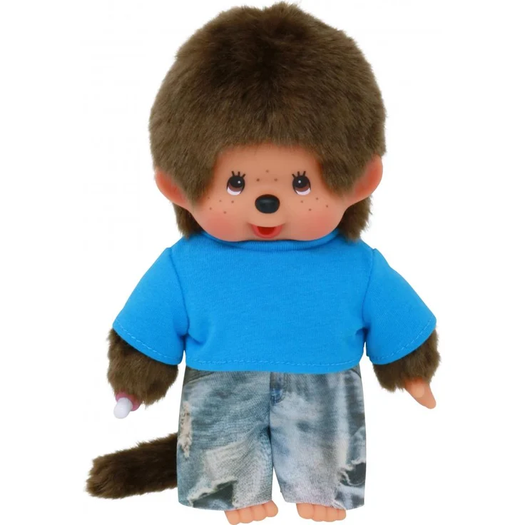 Sekiguchi Monchhichi Junge mit Jeans, 20 cm Kuscheltier mit Nuckel und blauem T-Shirt