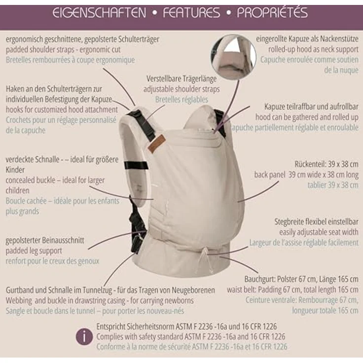 Hoppediz Babytrage Buckle, Vollschnallentrage ab Geburt (3,5 - 20 kg) mit ergonomischen Trägern und verstellbarem Rückenteil – Bild 7
