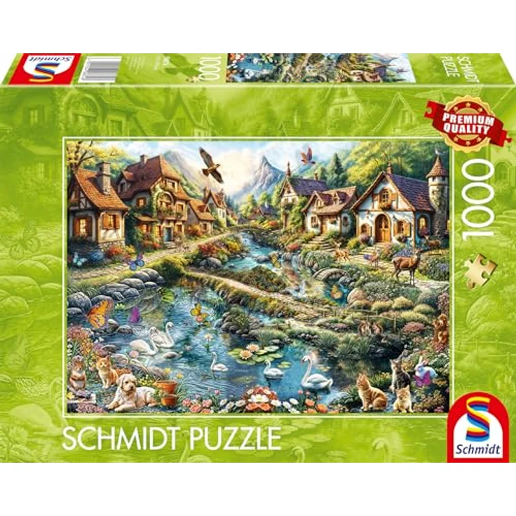 Schmidt Spiele 58874 Dörfchen am Waldesrand, 1000 Teile Puzzle, 69,3 x 49,3 cm, hochwertige Pappe, spiegelnder Mattlack, empfohlen ab 12 Jahren – Bild 4