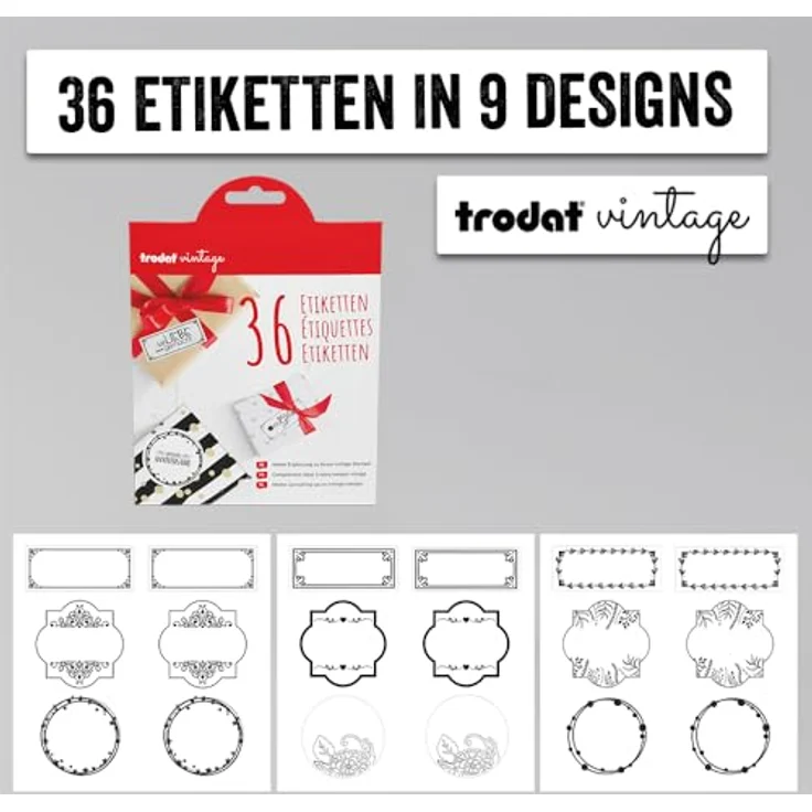 Trodat Vintage Etiketten zum kreativen Gestalten – 36 selbstklebende Etiketten, 9 Designs, sprachneutral, wasserfest, Etikettenbreite 5cm, Etikettenlänge 2-5cm, optimal für trodat vintage Stempel – Bild 2